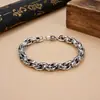 Pulsera Retro de Plata de Ley S925 para Hombre Moderna Simple Trendy Elegante Hecha a Mano Entrelazada Vajra Mantra de Seis Caracteres
