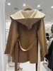 Nuevo Abrigo de Lana de Doble Cara de Color Contrastante para Otoño e Invierno 2025 Chaqueta Albornoz Suelta de Lana con Capucha Ajustada Ropa Femenina Transfronteriza