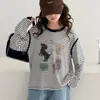 Camiseta Listrada de Manga Longa para Meninas 2026 Novo Estilo de Outono para Crianças Médias e Grandes Patchwork Color Block Camada Base Casual Cartoon Top