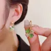 Aretes de Clip Florales con Diamantes y Piedra Ojo de Gato Verde Frescos y Sencillos, Diseño Delicado, Pendientes Dulces para Mujer, Nuevo Estilo de Moda 2024