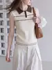 Top de punto sin mangas con cuello polo estilo coreano y bloques de color para mujer, modelo verano 2026, moderno, de corte holgado, con una gran estética de diseño