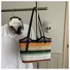 Bolsa de Ombro de Palha Tecida de Grande Capacidade para Mulheres, Bolsa de Palha Listrada Arco-Íris da Moda Adequada para o Dia a Dia e Férias, Bolsa de Axila para Mulheres