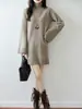 Vestido de Punto de Lana 100% Puro con Cuello Alto para Otoño e Invierno, Jersey de Manga Larga para Mujer, Versátil, Color Sólido, Vestido Base de Lana