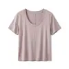 Camiseta de Manga Corta con Cuello en U de Color Sólido, Costura Trasera, de Tencel + Lino para Mujer, Estilo Nuevo, Fresca y con Caída, Top Holgado y Versátil para Mujer