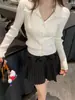 Top de punto con solapa para mujer, prenda exterior de otoño e invierno, nuevo estilo, chaqueta suéter, perezoso, manga larga, corte ajustado, capa base, talla única