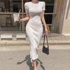 Estilo coreano chique verão estilo francês elegante elegante slim-fit emagrecimento médio comprimento de manga curta quadril vestido de malha mulheres
