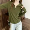 Camiseta de Algodão Plus Size com Gola Polo Irregular e Padrão Espinha de Peixe para Mulheres, Camiseta Básica Slim-Fit de Manga Longa para Outono para Mulheres Curvilíneas