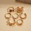 Conjunto de Sete Peças de Anéis Abertos Plissados Estilo Europeu e Americano com Resina Efeito Metal e Pedras Strass, Joias Únicas Retro de Nicho de Alta Qualidade para Mulheres