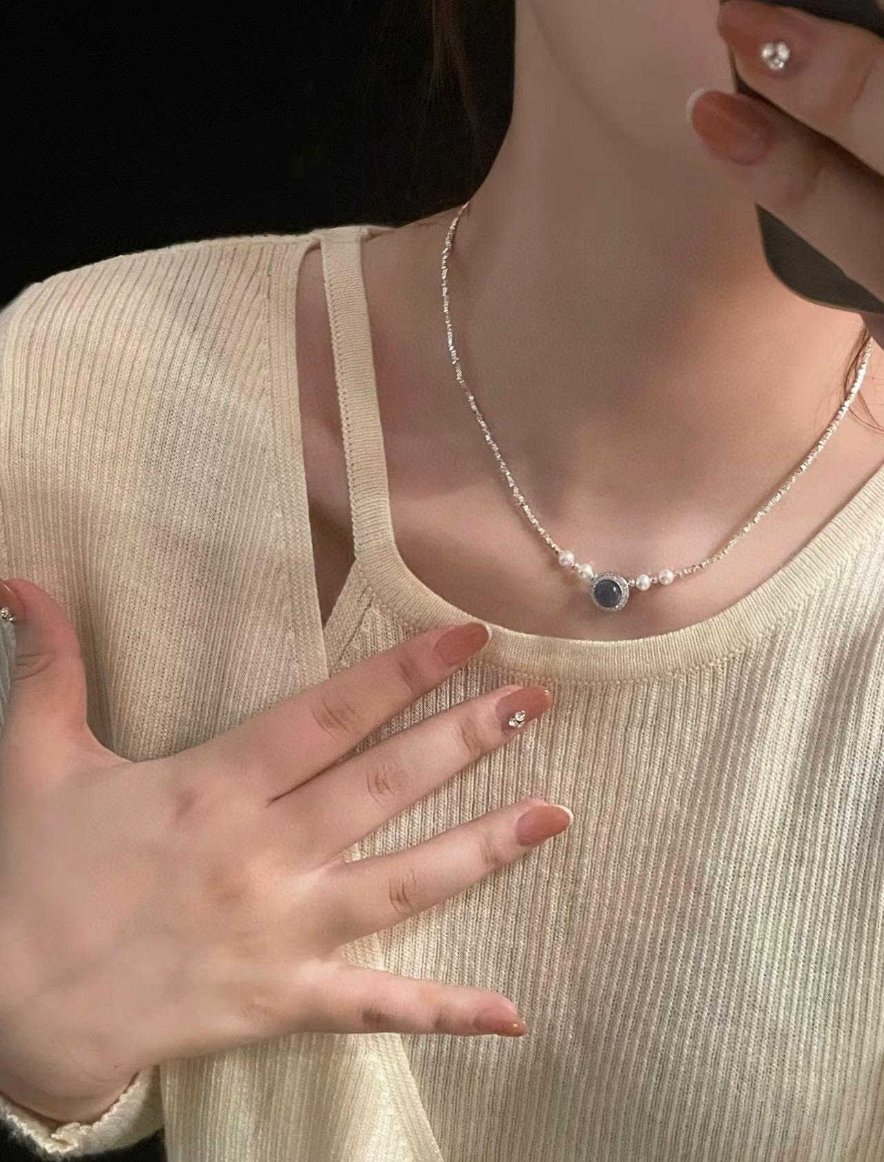 s925纯银碎银子海蓝宝吊坠锁骨链手工编织天然淡水