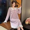 Algodón Jacquard Mujer Primavera Otoño Estilo Dulce de Princesa Manga Larga Midi Camisón Talla Grande Ropa de Dormir Casual Dulce Ropa de Casa
