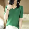 Camiseta de Punto de Manga Corta para Mujer 2022 Verano Nueva Llegada Moda Camiseta de Media Manga Estilosa Adelgazante Moda Escote en V Top Básico