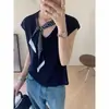 2026 Súper Trendy Top de Seda Helada para Mujer Nuevo de Verano Manga Corta Camiseta con Lazo Cuello en V Delgado Diseño Elegante Top