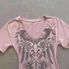 Camiseta corta de manga corta con cuello en V, estilo americano picante, para mujer, verano, vintage, retro, entallada, que marca la cintura