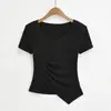 Camiseta Curta Irregular Hot Girl para Mulheres, Novo Verão 2026 Estilo Francês Decote V Ombro Normal Slim Fit Base Franzida Top