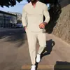 Traje casual para hombre de otoño, nuevo, de gofre, color liso, cuello alto, con bolsillo, manga larga, polo y pantalón