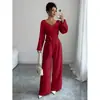 Moda europea y americana transfronteriza para mujer 2025 primavera y otoño elegante mono de color liso de manga larga con cuello en V entallado a la cintura y pierna ancha