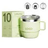 Taza de café de acero inoxidable 304 transfronteriza, taza de 10 oz con asa, doble capa con tapa, vaso de agua aislado para oficina