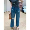 Jeans Azules Rectos Rasgados para Mujer, Nuevo Estilo Verano 2026, Tallas Grandes de Cintura Alta Elásticos Adelgazantes Cropped de Pierna Ancha