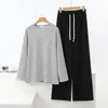 Nueva Colección Otoño/Invierno 2026: Camiseta de manga larga con cuello redondo y rayas blancas y negras, ajuste casual entallado adelgazante, para el día a día, Pantalones rectos de pierna ancha