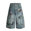 Shorts de Trabajo Divertidos Bordados Estilo Retro Americano para Hombres y Mujeres, Nuevo Estilo de Verano, Shorts de Mezclilla Lavados con Múltiples Bolsillos