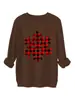 Amazon Wish Site Independente Moda Casual Versátil Feminino Xadrez Preto e Vermelho Floco de Neve Espesso Quente Gola Careca Moletom