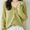 Cardigã de malha 100% algodão com design vazado para mulheres, blusa de tricô com decote V, respirável, estilosa, peça de sobreposição versátil