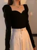 Top cuadrado de manga abullonada europeo y americano para mujer ins corte court ajustado prenda interior adelgazante retro francés camiseta de fondo
