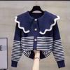 Cardigan de Tricô Gola Peter Pan Feminino 2023 Primavera e Outono Novo Estilo Coreano Solto Peça Externa Top Suéter Listrado Espessado Jaqueta