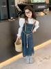 Conjunto de Camisa Oxford con Mangas de Tirantes y Falda de Mezclilla para Niñas 2023 Otoño Conjunto de Dos Piezas