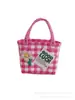 Bolsa de Plástico Tejida a Cuadros de Contraste Dopamina Colorida Accesorios de Flores Bolsa Cesta de Verduras Bolso Grande Tejido a Mano