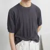 Camiseta de punto a rayas de seda helada para verano, manga corta, ligera, transpirable, versátil, elástica, corte ajustado para hombre