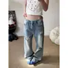 Jeans de pierna ancha rectos de ajuste limpio, largos, con patrón de bambú desgarrado suelto, estilo retro americano, talla grande, para mujer, modernos