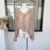 Camisa de Lyocell con Cuello Francés para Mujer, Nuevo Diseño de Primavera con Bordes Fruncidos, Top de Corte Holgado en Color Canela, Talla Única, No Elástico
