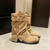 Primeiro Encontro Ji Ju Linda Garota Atraente Calça Larga Botas para Pernas Mulher 2026 Verão Novo Fivela de Cinto Salto Bloco Emagrecedor Botas de Tornozelo