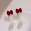 Aretes de botón de lazo de terciopelo rojo vino retro estilo Hong Kong aretes de perlas estilo Hepburn francés aretes de temperamento de alta gama