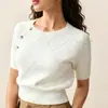 Blusa de tricô fina de manga curta com padrão de losangos para primavera e verão, camisa básica elegante com botões e gola redonda, tricô macio e respirável para mulheres