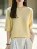 Suéter Casual de Punto de Lana con Cuello Redondo y Media Manga para Mujer, Jersey Holgado, 100% Lana Pura, Suéter Elegante y Acogedor