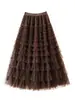 Falda de Pastel con Retazos de Malla Roja Navideña 2026 Nuevo Estilo Otoño e Invierno Falda de Longitud Media Falda Línea A Falda de Gasa Abullonada