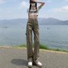Jardineira cáqui de cintura alta justa feminina outono e inverno Retrô Americana High Street emagrecedora casual perna larga jeans moletom