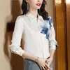 Camisa de Satín para Mujer Primavera Temprana 2026, Manga Larga, Diseño Único, Estilo Chino, Estampado de Tinta Retro, Camisa Blanca Pesada