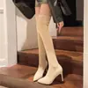 Botas Femininas de Salto Alto Tendência Outono 2026 Estilo Coreano, Tamanho Grande, Salto Grosso, Bico Fino, Ajuste Justo, Botas Stretch Acima do Joelho