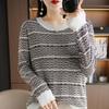 Ropa de Punto de Algodón de Fibra Larga de Xinjiang Ropa de Punto de Manga Larga para Mujer Ropa Exterior Nuevo Estilo Otoño Invierno 2025 Camiseta Básica a Cuadros de Pequeño Aroma