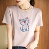 Mercerized algodão T-shirt mulheres pescoço redondo manga curta gato solto bordado 100 algodão manga curta meia manga top verão
