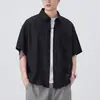Cardigan Camisa de Solapa Manga Corta Estilo Nuevo 2026 Verano Hombres y Mujeres Holgado Color Sólido Lino Transpirable Top Casual