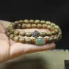 Pulsera de Cuentas Budistas de Sándalo Verde Forma de Gota de Agua Doble Círculo, Pulsera de Cuentas de Bambú Verde Nudo Seis Palabras Mantra, Joyería de Cuentas de Oración Estilo Simple Regalo