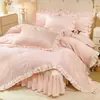 Novedad Primavera/Verano 2026 Jacquard Lavado Tencel Seda de Hielo Colcha Juego de Cuatro Piezas Estilo Coreano Estilo Princesa Encaje Fruncido Funda de Edredón