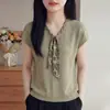 Camiseta de punto de lino de bambú de alta gama estilo francés con cuello en V y manga corta para mujer, top de cinta con cuello en V, camiseta básica holgada de manga corta