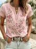 Top estampado de manga corta con cuello en V transfronterizo 2026 nuevo estilo de verano europeo y americano, imitación lino, holgado, casual, disponible para dropshipping