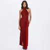 Nuevo Vestido Largo Estampado de Cuello Halter sin Espalda de Venta Caliente Transfronteriza Europeo y Americano Estilo Chica Sexy Caliente con Cinta y Abertura