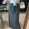 Falda Larga de Rayas Negras con Cordón y Cintura Elástica para Mujer, Falda de Verano con Abertura que se Ajusta a la Cadera y Diseño Elegante, Falda Larga de Corte A Adelgazante